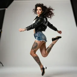 tattooed pinup sexy girl zazie skymm wearing a jacket and ripped shorts running and jumping, character sheet, contrast, deep focus, turnaround, highly detailed, dramatic lighting, rear view, ultra wide angle, digital painting, artstation, concept art, matte, sharp focus, illustration, elegant, art by artgerm and greg rutkowski and alphonse mucha.