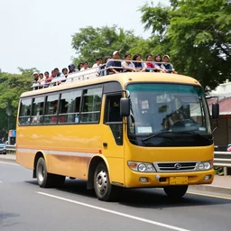 a large motor vehicle carrying passengers by road, typically one serving the public on a fixed route and for a fare.
