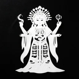 not messy, white on black background, concise, minimalist papercut painting, good symmetry, crystalline pagan deity, high definition image detail, intricate, masterpiece, cut outs