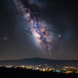 a beautiful double exposure of a deep field astrophotography image by hubble in the sky and a night time landscape with mountains and a cityscape, lpoty, award winning, apod, nebula, pillars of creation