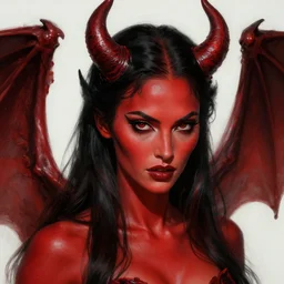 portrait of megan fox as devil, red skin, batwings, hell, intricate, headshot, highly detailed, digital painting, artstation, concept art, sharp focus, cinematic lighting, illustration, art by artgerm and greg rutkowski, alphonse mucha, cgsociety
