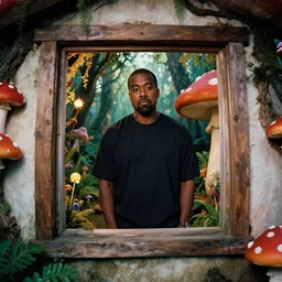 portrait of Kanye West standing behind the window of his little mushroom house, magical forest, Alena Aenami, Leonid Afremov