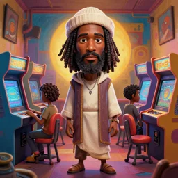 stylish caricature 3 d vfx drew struzan movie poster art of an african jesus surrounded by arcade machines, art style by james jean & hsiao - ron cheng, unreal engine render, digital illustration, sharp, intricate detail, volumetric lighting, ray tracing, soft light, colourful, claymation style, ernie barnes style, symmetry, acrylic on canvas, pinterest, artstation,