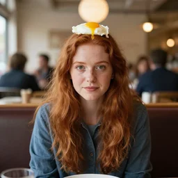 young red headed woman sitting in a restaurant, poached egg on her head