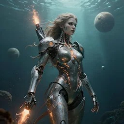 biblical diabolical bautiful cyborg girl with glowing veins, shoulder pads, rocket firestarter, ocean on planet titan, underwater photography, by gerald brom, by mikhail vrubel, by peter elson, muted colors, extreme detail, trending on artstation, 8 k