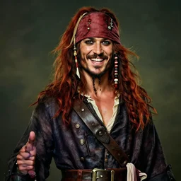 portrait painting of a 3 0 years old rugged masculine muscular male gleeful pirate long long hair soft hair flowing hair crimson hair upper body only chest hair long coat elegant rugged handsome unreal render cinematic lighting art 1 9 2 0 period drama by bussiere rutkowski andreas rocha
