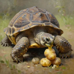 giant turtle eating potatoes oil painting