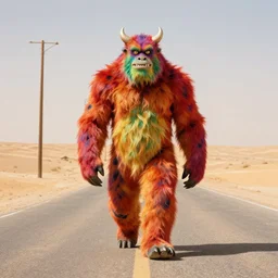 color photo of a monster walking in a large desert street
