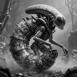 nautilus with extra teeth, prometheus movie monster, xenomorph, highly detailed background, black and white, haze,