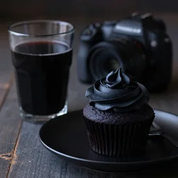 dslr food photography of a black coloured cupcake, on a black plate, with black coloured creme topping and a glass of black coloured milk on the side, don ´ t forget the hellfire, macro shot, hasselblad, 1 0 0 mm f 1. 8, dimmed lightning