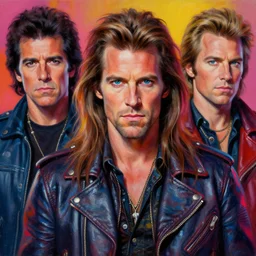 apocalyptic orcish biker character posing for a professional photo, psychedelic vibrant colors, futuristic punk rock fashion, highly detailed oil painting by michael whelan art, perfect face, sharp focus, detailed eyes, realistic, long hair, leather jacket, 8 0 s hairstyle, 8 k, willem dafoe, danny trejo, keifer sutherland