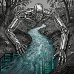 sentient robot river by jeffrey smith and wlop and gustave dore, featuring rhodium wires, circuitry, code, binary, cryptonomicon, dmt entity, ambient occlusion, 3 d concept render, scientifically accurate, artstation, intricate, beautiful, look at that detail!