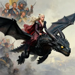 action close-up shot of Daenerys Targaryen mounted and flying on her black dragon, Boris Vallejo, Julie Bell, Zdzisław Beksiński, Ed Binkley, Mark Brooks Frank Frazetta, Greg Hildebrandt, Tim Hildebrandt, Alex Horley, Ralph Horsley, Peter Andrew Jones, Eddie Mendoza, Earl Norem, Greg Rutkowski, Michael Whelan, Artgerm