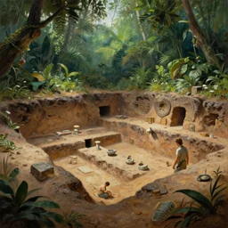 a beautiful painting of an archaeological excavation of the battlestar galactica in a lush jungle, ray traced lighting by kalin popov and greg rutkowski