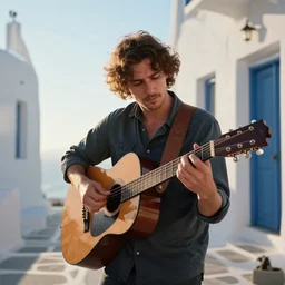 Alexis Zorba playing guitar in Mikonos, sunlight, lights coming from the sky, highly realistic colors