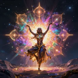 a rainbow explosion of death dreams, exotic hypnotic elegance, cosmic chakra dance, soul searching, artstation, cgscociety, cinematic lighting