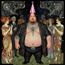 extremely fat keanu reeves in a party! outfit and party hat, cosmic horror, rutkowski, symmetric, intricate, highly detailed, concept art, sharp focus, illustration, rutkowski, mucha, aleksi briclot