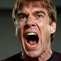 photograph of captain j. kirk from star trek screaming in terror with his mouth and eyes wide open. sharp photograph, sharp focus, highly detailed,, detailed face!!, ultra realism, dramatic lighting, zeiss lens, canon eos, detailed skin, dynamic pose, 8 k resolution, hyperrealism, portrait photography