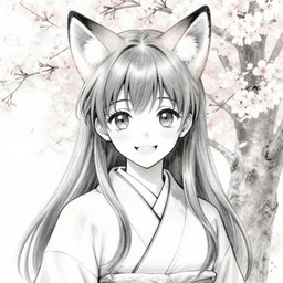 an sketch art of a beautiful girl with fox ears wearing kimono at a sakura tree by kaori ozaki, manga, cheerful smile, black and white, oc commission, face sketch, pencil sketch, high quality, highly detailed, long hair, illustration, pinterest