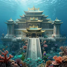 a gargantuan ancient chinese palace under deep ocean with coral, fish and seagrass by wadim kashin, featured in artstation, octane render, cinematic, elegant, intricate, 8 k