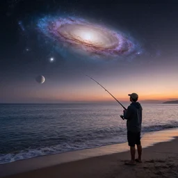 a man holding a fishing rod on a beach a distant galaxy and a planet with rings visible in the dusk sky highly detailed photograph high resolution 8 k