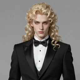 beautiful slim cruel androgynous male businessman in tuxedo with pale blond curly long hair, long fluffy blond curls of hair, porcelain pale skin, elegant, 2d, ultra highly detailed, digital painting, smooth, sharp focus, artstation, trending on artstation, art by Ilya Kuvshinov