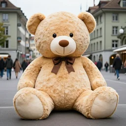 huge teddybear sitting on the streets of zurich. professional photography. 8 k. sharp focus.