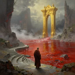 a gorgeous sci - fi base landscape painting by barlowe wayne, maxfield parrish and marco mazzoni. a lonely monk walks on the winding stone steps, a lonely magnificent golden gate to the deep drak hell, turbulent blood lake, fog. 3 d, octane render, 8 k.