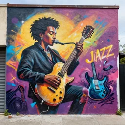 jazz party as graffiti mural by lee, masterpiece, trending on artstation