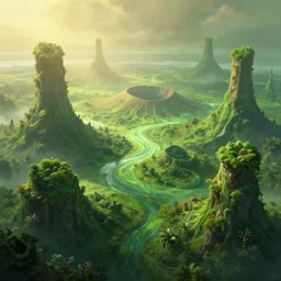 extremely full view of lush volcanic planet, soft light, golden glow, jade green, diffuse lighting, fantasy, intricate, surrealism!!!!, highly detailed, lifelike, photorealistic, digital painting, artstation, illustration, concept art, smooth, sharp focus, by greg rutkowski, chris tulloch mccabe, valentina remenar and asher duran