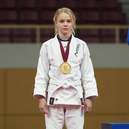 Film still, establishing shot of Katniss Everdeen on a podium, wearing a white gi, wearing a gold medal around her neck