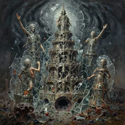 oil paint of flayed tiered god machines, clustered shattered glass battling chaos, glass sentient geocracking, fungal pit or black hole storm, trash patina sheen rotting, by alberto bontempi, alex ross, shigeru komatsuzaki, wayne d barlowe, stefano tamburini, narrative light, muted colors, epic, hyper detailed, awe inspiring, award