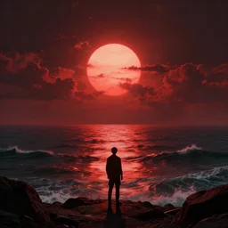 dark matter red infernal world future landscape ocean and sun limbo hyper reflection in the horror them open street schizophrenia and stratification of consciousness mind man poster highly detailed full HD 8K resolution