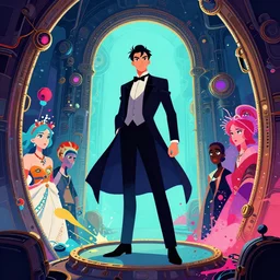 arrogant elegant man travels through time via steampunk portals, pixiv fanbox, dramatic lighting, maximalist cold color palette, splatter paint, pixar and disney exploded - view drawing, graphic novel by fiona staples and dustin nguyen, peter elson, alan bean, wangechi mutu, clean cel shaded vector art, trending on artstation