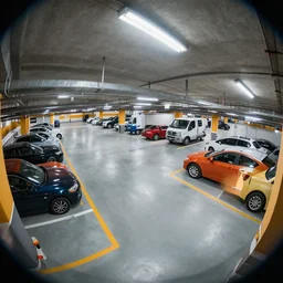 highly detailed underground parking garage, colorful cars and trucks, fisheye, fluorescent ceiling lights, by Beeple and Syd Meade, concept are, octane render, 8k HDR, artstation