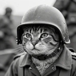 Close up of a cat wearing soldier helmet in the battle, ww2 historical photography, black and white
