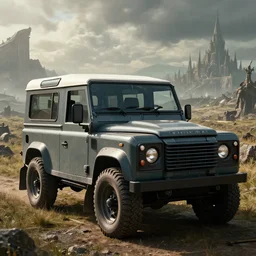 Land Rover Defender 110 (1985), an epic fantasy, dramatic lighting, cinematic, establishing shot, extremely high detail, photorealistic, cinematic lighting, artstation, by simon stalenhag, The Elder Scrolls IV: Oblivion, Cyrodiil plains, Imperial City in the distance