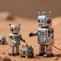 closeup profile portrait of retro tin toy robots working on mars, depth of field, detailed and intricate environment, 8 k resolution, hyperrealistic, octane render