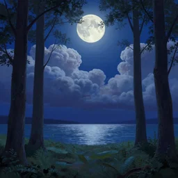 A beautiful ultra detailed matte painting Moonlight woods near the water puffy clouds in sky vivid colors, by Cyril Rolando, David Wiesner, unreal engine, featured on artstation