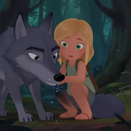 young seven year old girl, blond hair green eyes, rinding a gray wolf, in a dark forest, still from a pixar disney movie