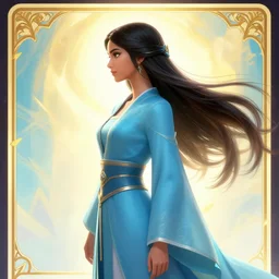 side profile, maya ali, wind sorcerer, dota, robes, elegant, concept art, smooth, oversaturated, tarot, bright backlit, colorful psychedelic swirly magic ripples, gaudy colors, by greg rutkowski, jesper ejsing, ilya kuvshinov, artgerm, mucha