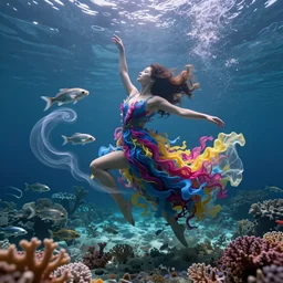 voluptuous geni morrow dancing underwater wearing a flowing dress made of blue, magenta, and yellow seaweed, delicate coral sea bottom, swirling silver fish, swirling smoke shapes, octane render, caustics lighting from above, cinematic