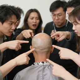 people pointing at a bald person, shaving head while people point, everyone watching someone shave their head, pointing at a bald person, people with hair laughing at bald people, cornering a bald person, scared bald people