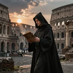 half portait of magican wearing a closed cowl walking while reading big old book! jeremy mann, jean leon gerome, tiepolo, alphonse mucha, greg rutkowski, face in the shadows, ( ( ruins of ancient rome ) ), at dusk, mysterious atmosphere, sunrays, dof, masterpiece, high detailed, 8 k