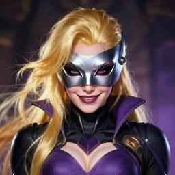 character concept portrait, symmetrical head - on centralized, dinah drake lopside smirk ( ( mask ) ), blond, black and purple costume. detailed, high quality, dynamic lighting, fantasy. artwork by artgerm, wlop, alex ross, greg rutknowski, alphonse mucha