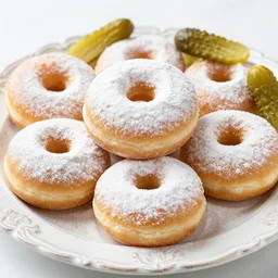 powdered donuts and pickles piled on an ornate platter, high resolution photograph, beautiful lighting