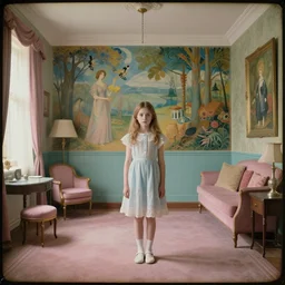 a beautiful young girl in a surreal liminal hotel room, daguerreotype by edward hopper, by henri rousseau, by Bosch, art noveau, highly detailed, strong lights, liminal, eerie, Bright pastel colors, octane render, 8k,
