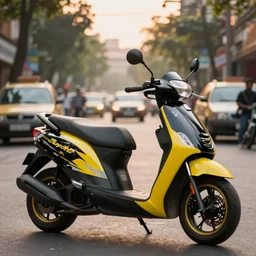 photo of suzuki hayate ss with black and yellow paintjob, vietnam traffic background, golden hour, 5 6 0 ccm, race style, custom scooter, dslr, 8 5 mm, f / 1. 3