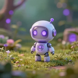 small toy robot in a garden, hyper detailed, sharp focus, bokeh, unreal engine, ray tracing, cute, fantasy, sci fi, purple lights, tiny, small