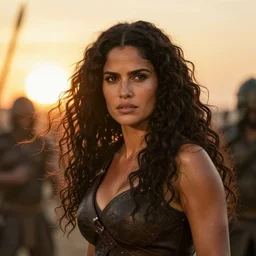 epic photo of muscular salma hayek as beautiful barbarian warrior princess with long curly black hair blowing in the wind in a battle scene, sweaty, detailed eyes, neutral expression, shallow depth of field, photorealistic, cinematic lighting, lovely bokeh, warm colours, sunset south, strong rim light, movie quality, willow 1 9 8 5, movie still